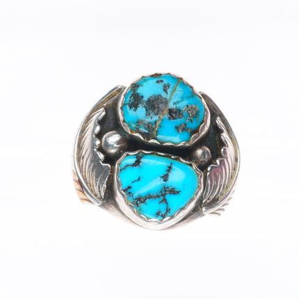 sz12 vintage AF Navajo sterling silver turquoise 2 stone feather ring