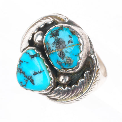 sz12 vintage AF Navajo sterling silver turquoise 2 stone feather ring
