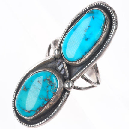 sz7.5 vintage Navajo sterling silver 2 stone turquoise long ring nice turquoise