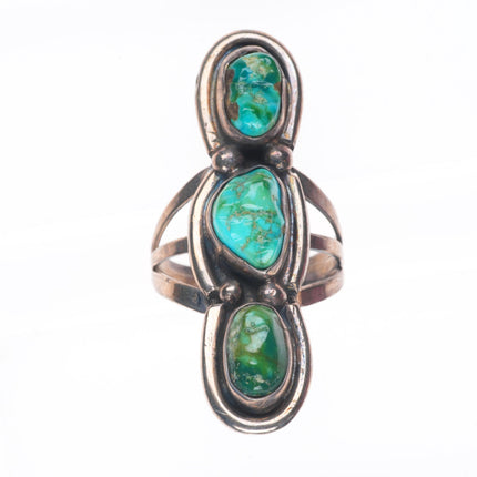 sz7 vintage Navajo sterling silver 3 stone natural turquoise nugget long ring