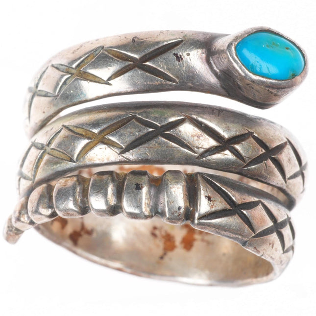 sz11 c1940 Vintage Navajo  turquoise/chiseled sterling silver rattlesnake ring