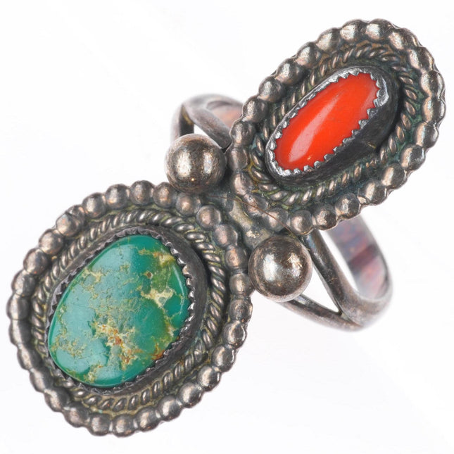 sz9 vintage Navajo sterling silver green turquoise/coral beaded edge ring