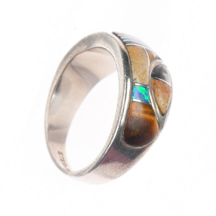 sz6 vintage Navajo sterling silver petrified wood/tiger's eye/lab opal ring