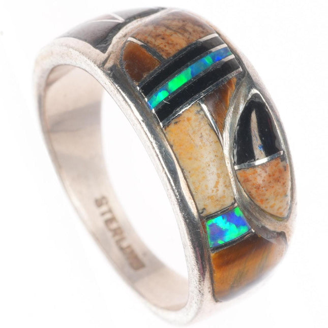 sz6 vintage Navajo sterling silver petrified wood/tiger's eye/lab opal ring