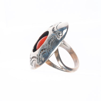 sz6.5 Raymond C Yazzie Navajo sterling silver coral shadowbox stamped ring