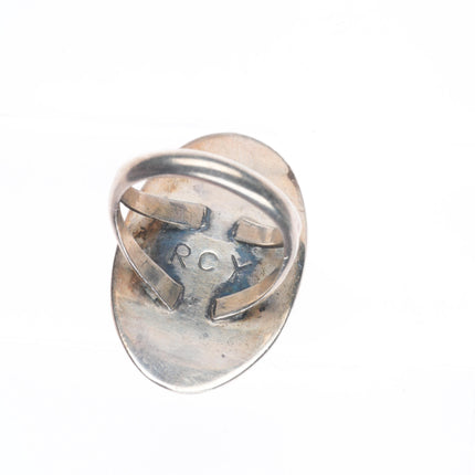 sz6.5 Raymond C Yazzie Navajo sterling silver coral shadowbox stamped ring