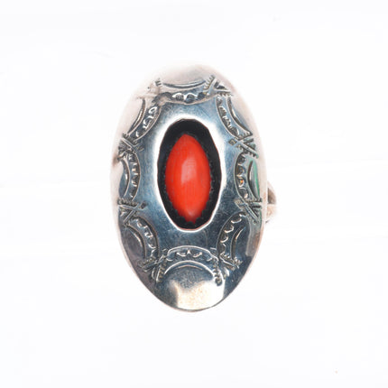 sz6.5 Raymond C Yazzie Navajo sterling silver coral shadowbox stamped ring