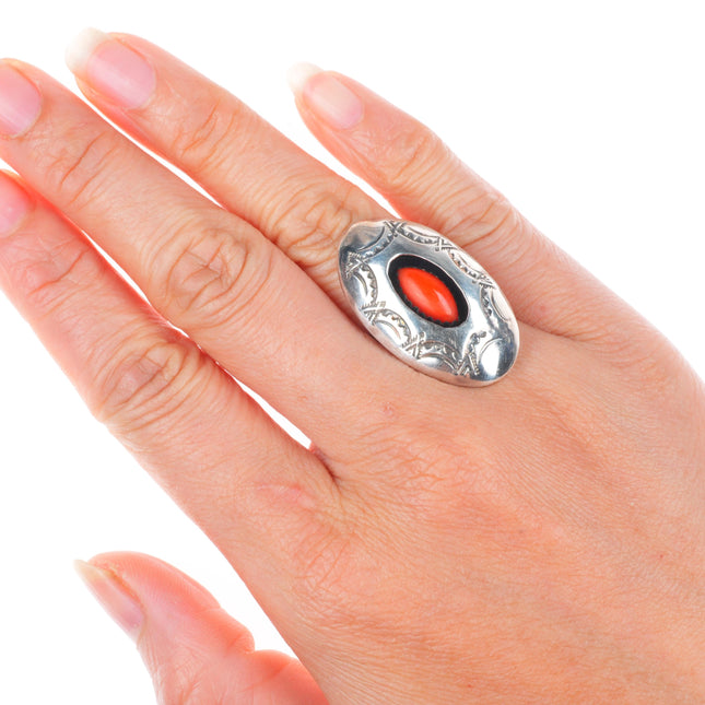sz6.5 Raymond C Yazzie Navajo sterling silver coral shadowbox stamped ring