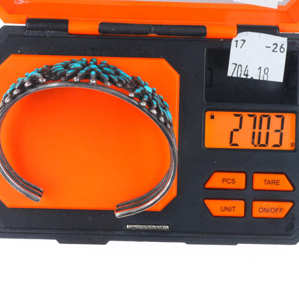 6.3" 1930's Zuni sterling silver high grade needlepoint turquoise cuff bracelet