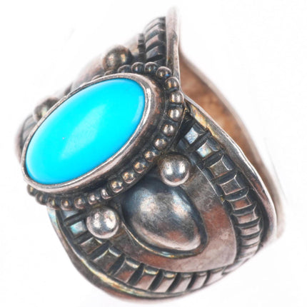 sz7.5 Derrick Gordon Navajo sterling silver deep stamped concho ring w/turquoise