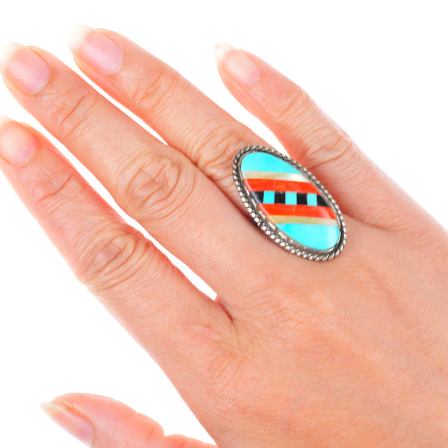 sz6 Vintage Zuni sterling silver coral/turquoise/jet intarsia inlay ring
