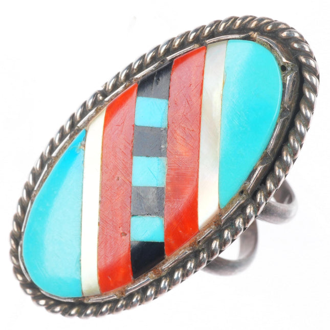 sz6 Vintage Zuni sterling silver coral/turquoise/jet intarsia inlay ring