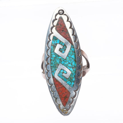sz9 BS Navajo vintage sterling silver turquoise chip inlay long pointy ring