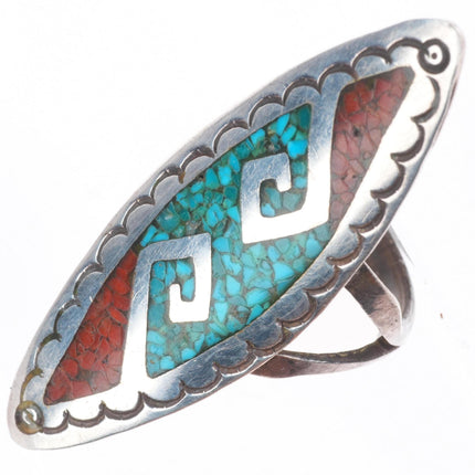 sz9 BS Navajo vintage sterling silver turquoise chip inlay long pointy ring