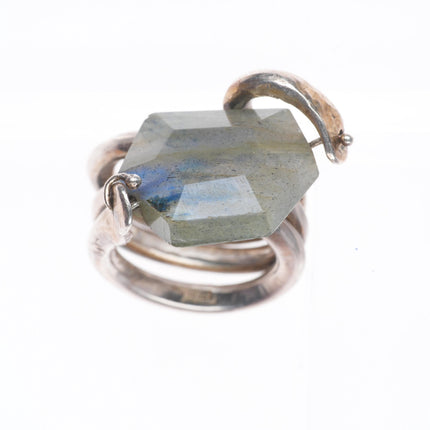 sz8.5 vintage modernist sterling silver heavy coiled swiveling crystal ring