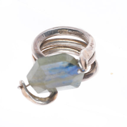 sz8.5 vintage modernist sterling silver heavy coiled swiveling crystal ring