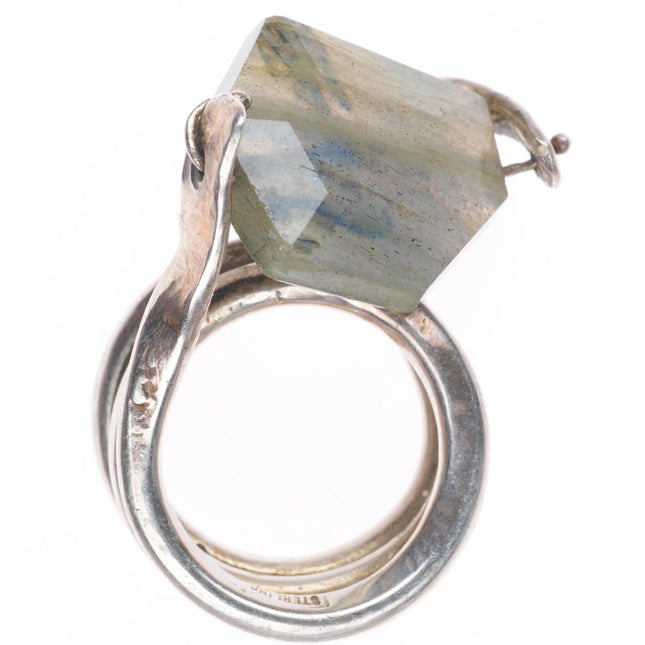 sz8.5 vintage modernist sterling silver heavy coiled swiveling crystal ring