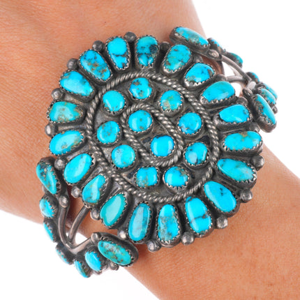 6.3" c1950 Vintage Zuni sterling silver Morenci turquoise cuff bracelet