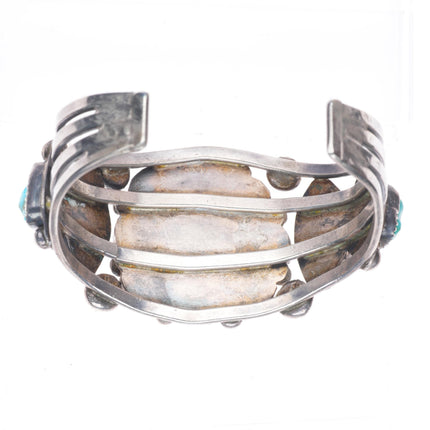 6.4" Vintage Zuni sterling silver carved turquoise cluster cuff bracelet