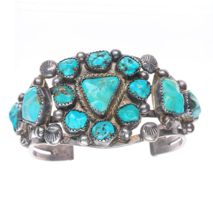 6.4" Vintage Zuni sterling silver carved turquoise cluster cuff bracelet