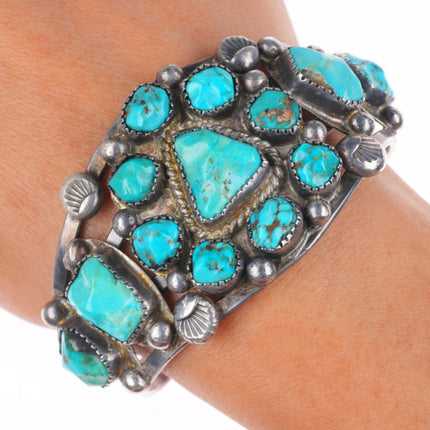 6.4" Vintage Zuni sterling silver carved turquoise cluster cuff bracelet