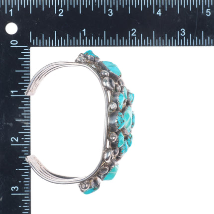 6.4" Vintage Zuni sterling silver carved turquoise cluster cuff bracelet