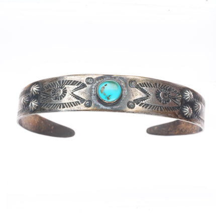6.4" 1940's Vintage Navajo hand stamped sterling silver turquoise cuff bracelet