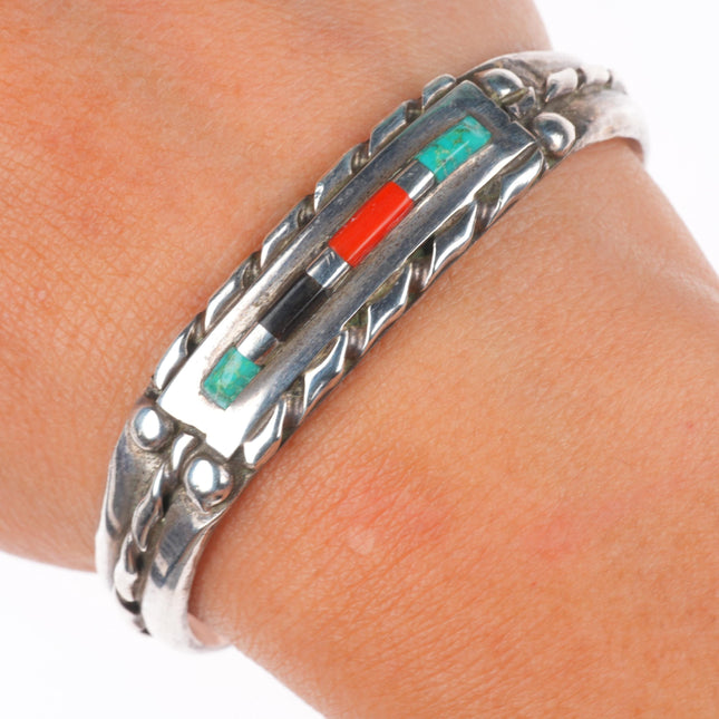 6.2" Mel Chapito Zuni sterling silver twisted wire channel inlay cuff bracelet