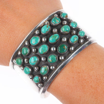 6.35" Fred Guerro Navajo sterling silver Royston Turquoise cluster cuff bracelet