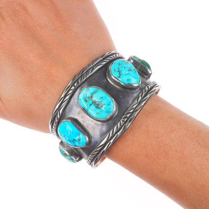 6.5" AM Vintage Navajo sterling silver chiseled turquoise wide cuff bracelet