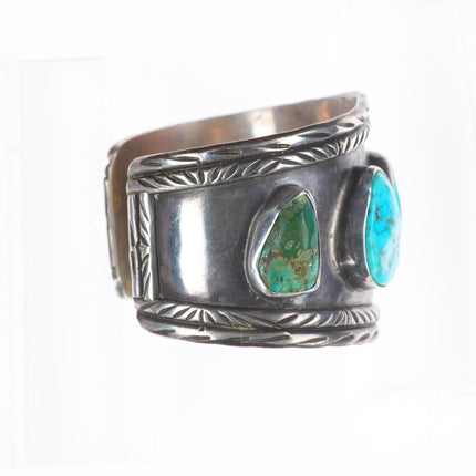 6.5" AM Vintage Navajo sterling silver chiseled turquoise wide cuff bracelet