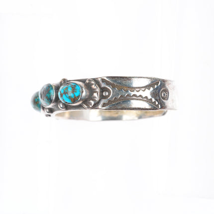 6.25" 30's-40's Navajo deep stamped sterling silver turquoise row cuff bracelet