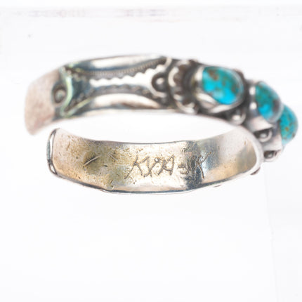 6.25" 30's-40's Navajo deep stamped sterling silver turquoise row cuff bracelet