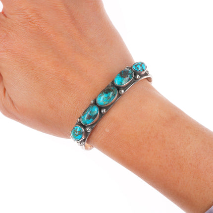 6.25" 30's-40's Navajo deep stamped sterling silver turquoise row cuff bracelet