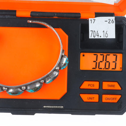 6.25" 30's-40's Navajo deep stamped sterling silver turquoise row cuff bracelet