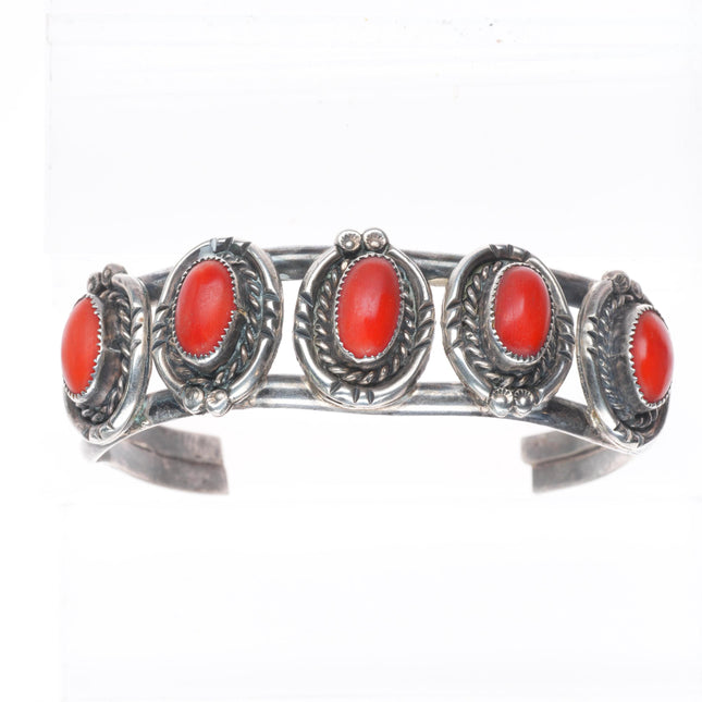 6.75" Vintage Navajo sterling silver red coral row cuff bracelet rope bezel