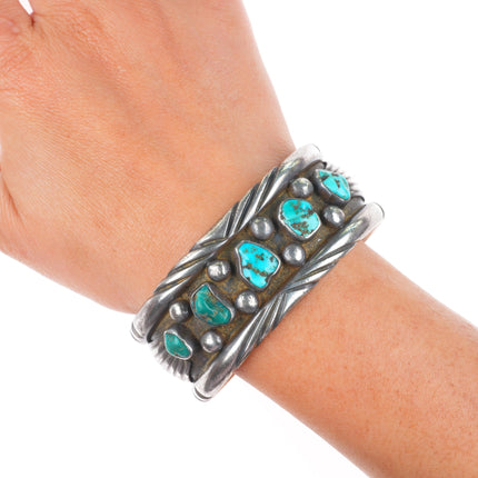 7" Vintage Navajo  sterling silver natural turquoise nugget cuff bracelet