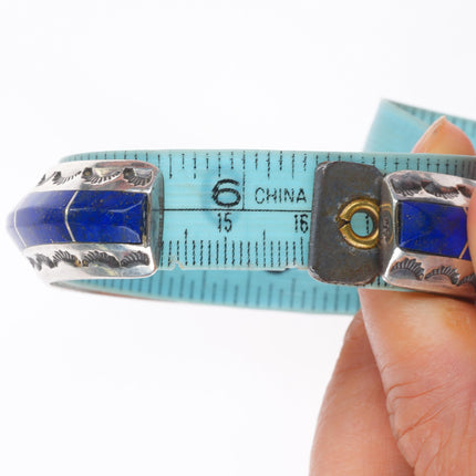 6.3" Vintage Navajo sterling silver lapis channel inlay stamped cuff bracelet