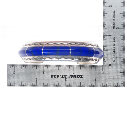 6.3" Vintage Navajo sterling silver lapis channel inlay stamped cuff bracelet