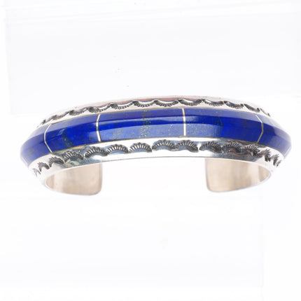 6.3" Vintage Navajo sterling silver lapis channel inlay stamped cuff bracelet