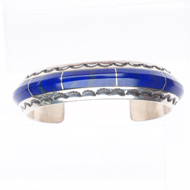 6.3" Vintage Navajo sterling silver lapis channel inlay stamped cuff bracelet