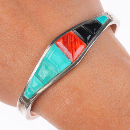 6.5" Vintage Navajo sterling silver, turquoise, spiny oyster, onyx cuff bracelet