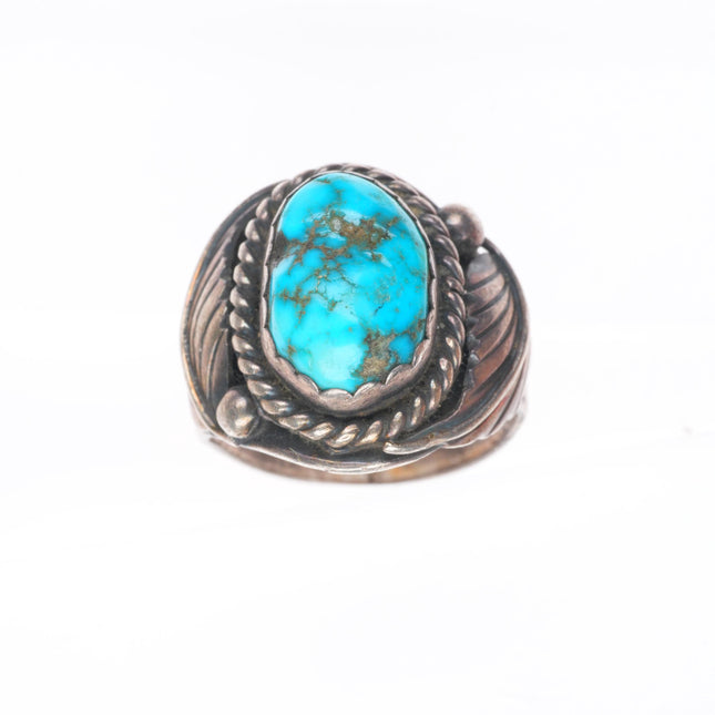 sz10.5 vintage WCV Navajo sterling silver turquoise ring w/ feather sides