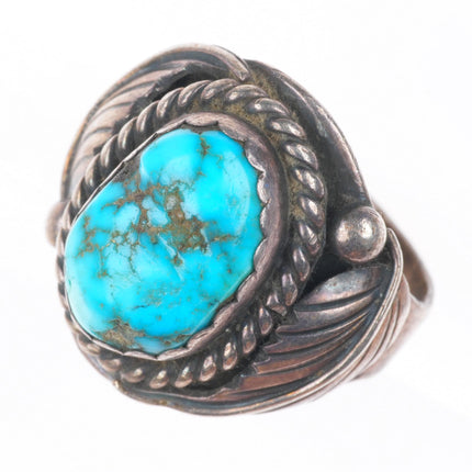 sz10.5 vintage WCV Navajo sterling silver turquoise ring w/ feather sides