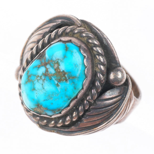 sz10.5 vintage WCV Navajo sterling silver turquoise ring w/ feather sides