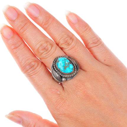 sz10.5 vintage WCV Navajo sterling silver turquoise ring w/ feather sides