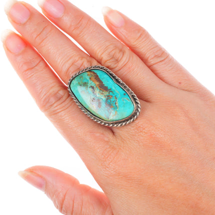 sz7 big vintage Navajo sterling silver ring with nice turquoise rope edge