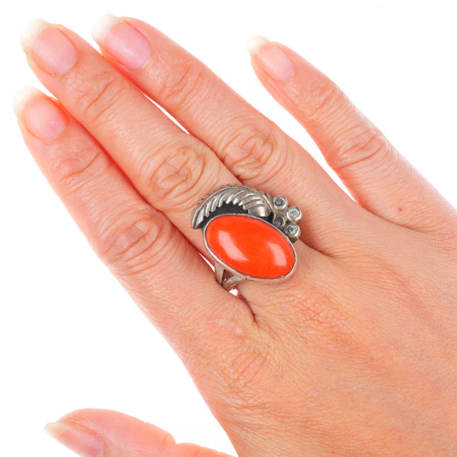 sz8 Vintage Navajo sterling silver coral feather size 8 ring