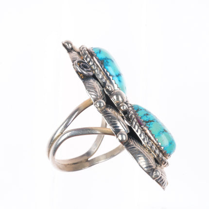 sz8 Vintage Navajo sterling silver Bird's Eye Kingman turquoise long ring size 8