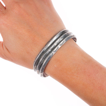 6.6" Vintage Navajo deep stamped sterling silver triple carinated cuff bracelet